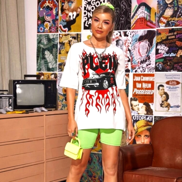 SHEIN Tops - Phillip Plein Drop Shoulder Car & Letter Graphic Longline Tee